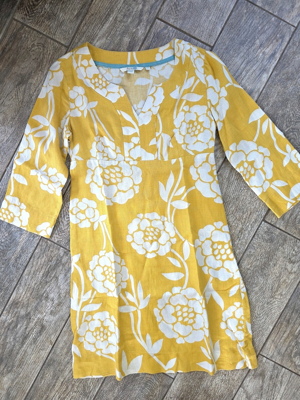 Boden Yellow White Floral 100% Linen Dress 2 Petite 2p